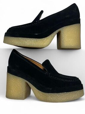 Marc Fisher Mila Black Leather Suede Platform Loafer with Chunky Heel
